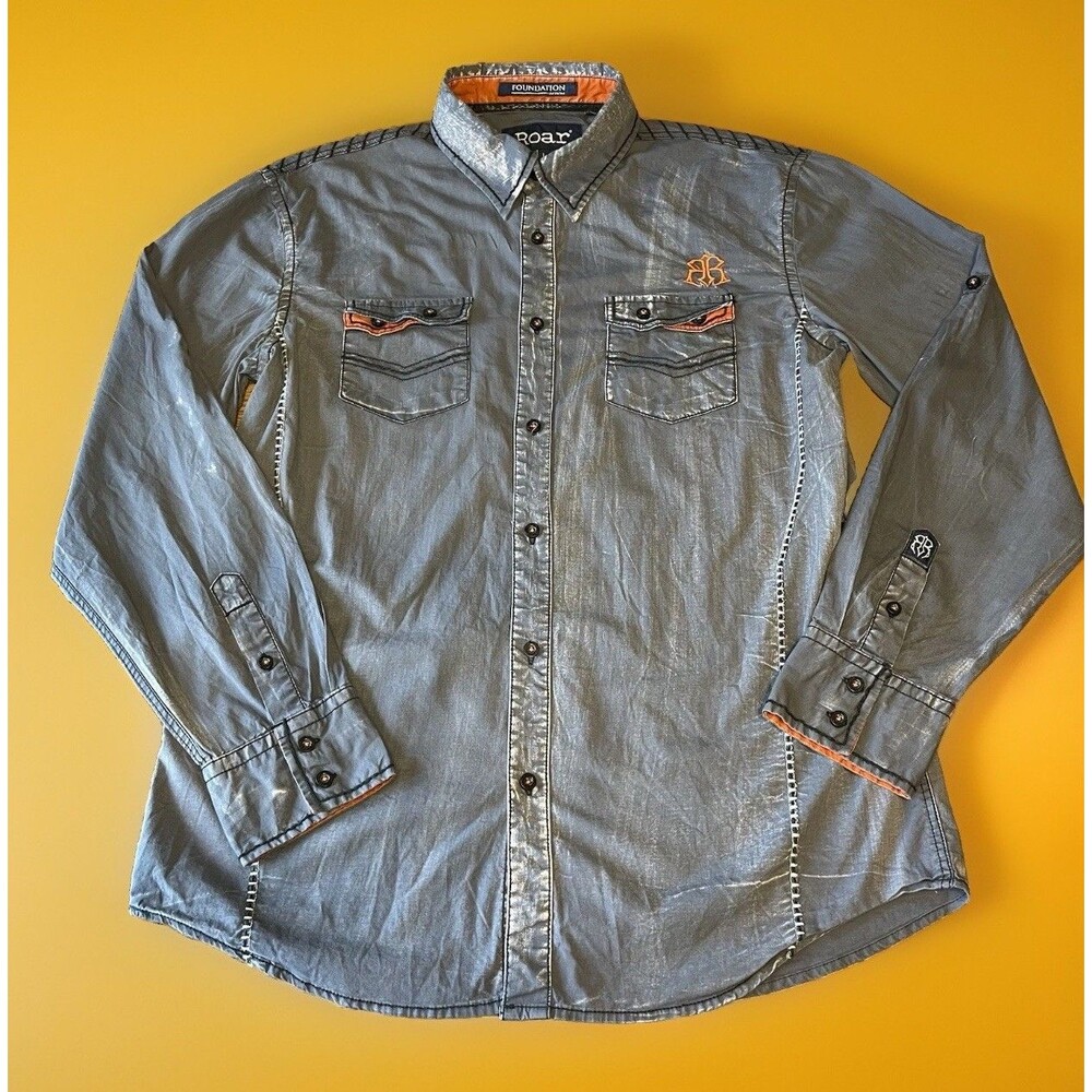 ROAR Foundation Edition Virtuous Shirt L Gray Acid Wash Embroidered Western